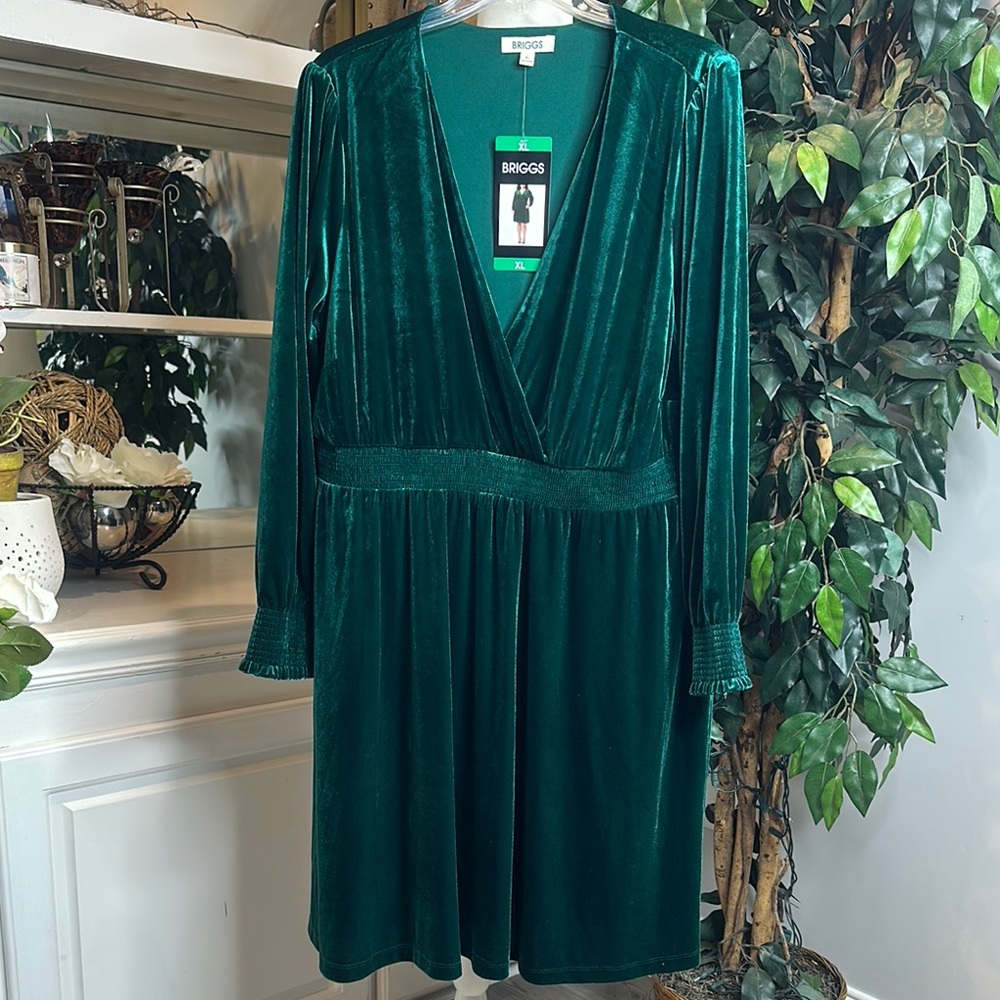 🆕Briggs New York Green Plunge Neck Sundress with Bishop Sleeves, XL